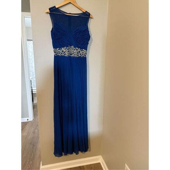 Cachet Size 8 Ruched Bodice Formal Maxi Gown Cobalt Blue With Silver Embroidery - Picture 2 of 10